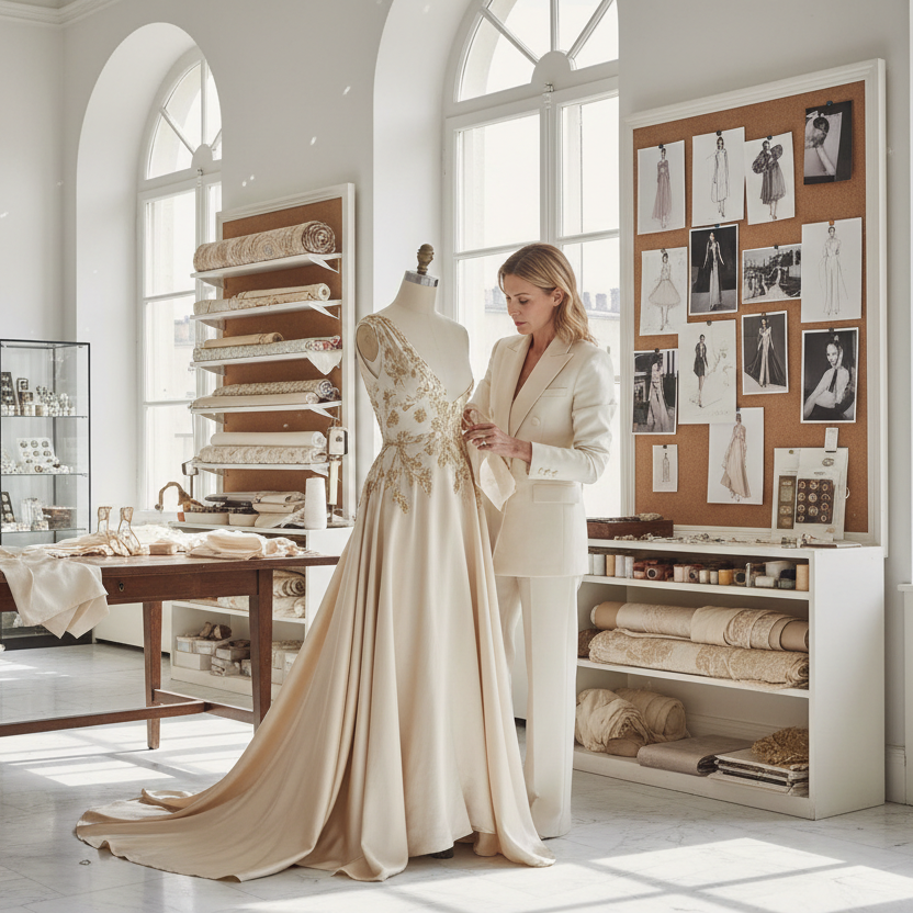 Woman examining a wedding dress in a fitting room with mirrors and a bulletin board.